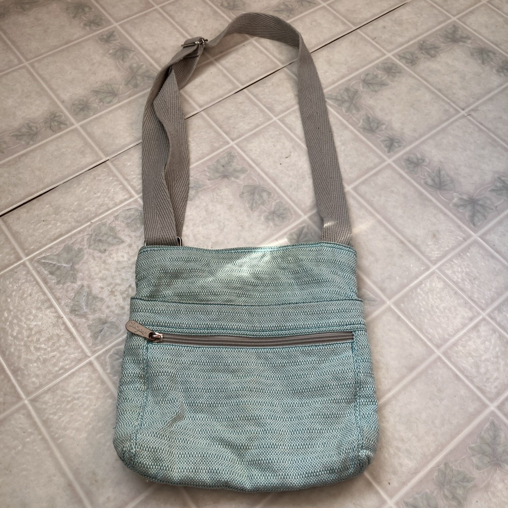THIRTY-ONE Purse Crossbody Bag Turquoise Graphic Weave Zip Top Adjust Strapโ